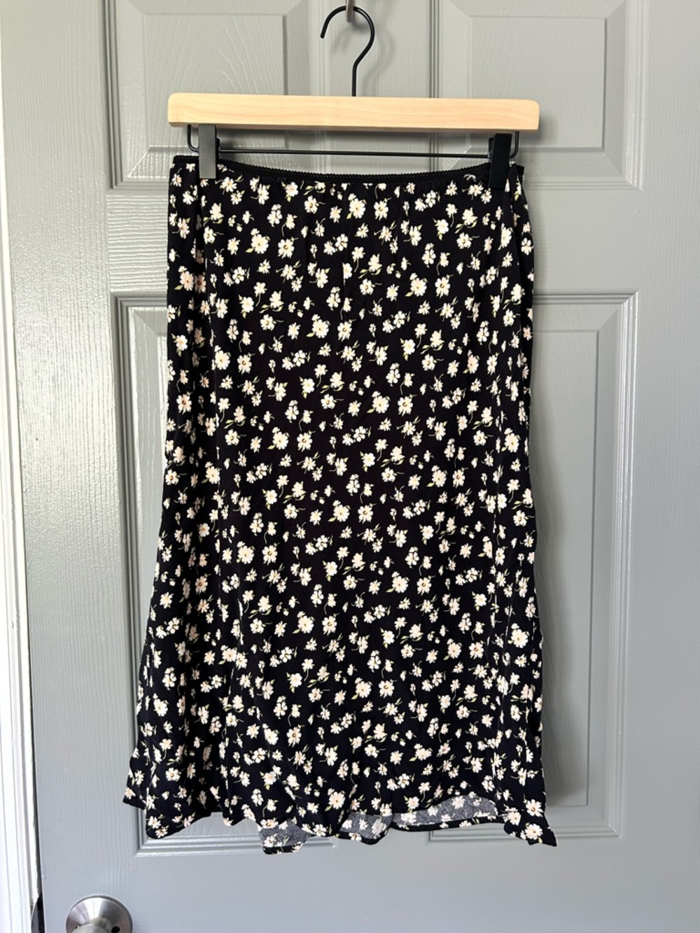 Reformation Black Midi Skirt with Cream Daisy Print